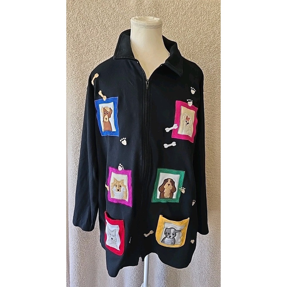 Bechamel Woman's Size L‎ Black with Dog Breed Patches Zip-up Lightweight Jacket